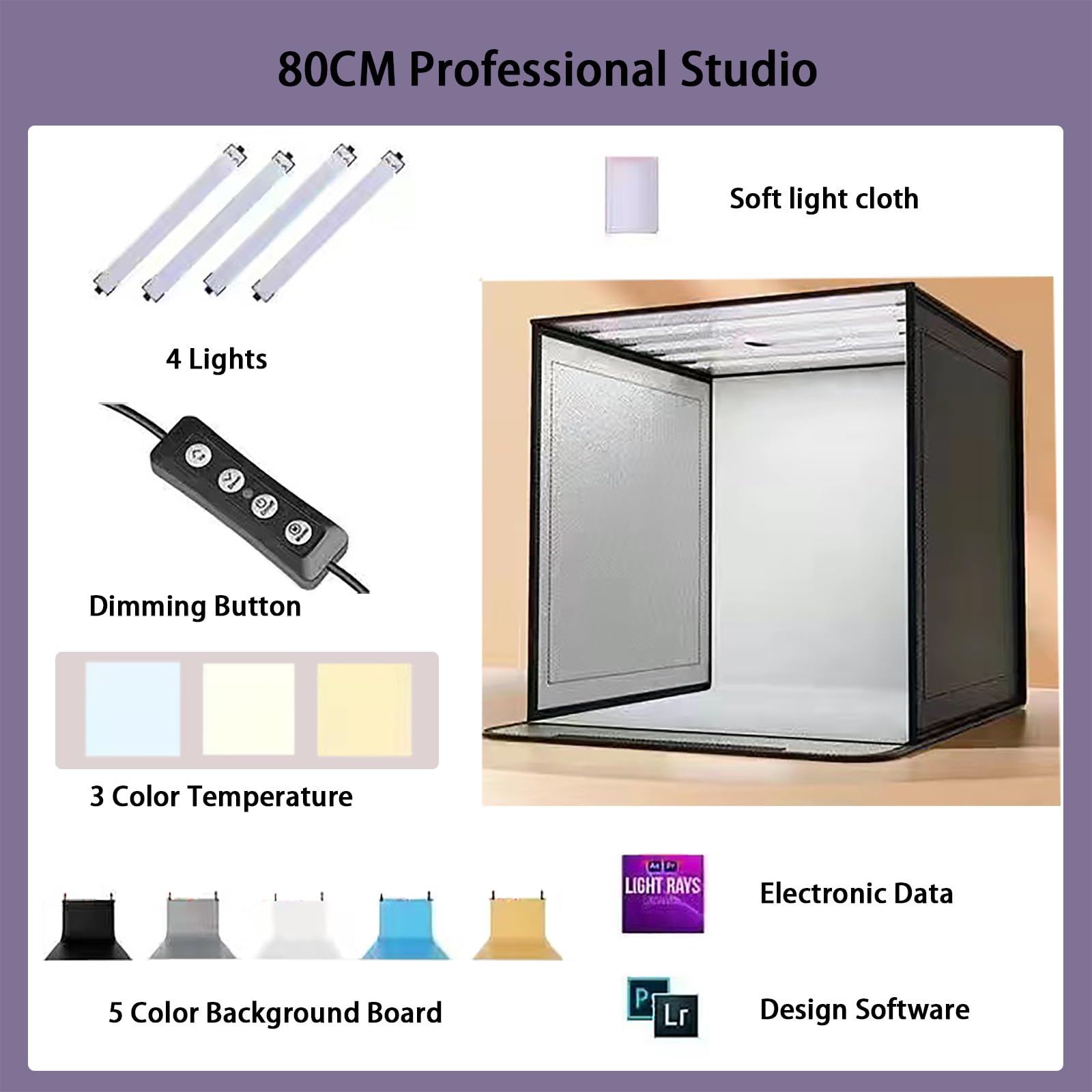 Profesjonalne Studio Fotograficzne 80 Cm, Mała Podświetlana Kaseta Do Zdjęć, Składana + 3 Temperatury Barwowe + Nieskończone Przyciemnianie + 3 Otwory Boczne + 5 Płytek Z Kolorem Tła,Black