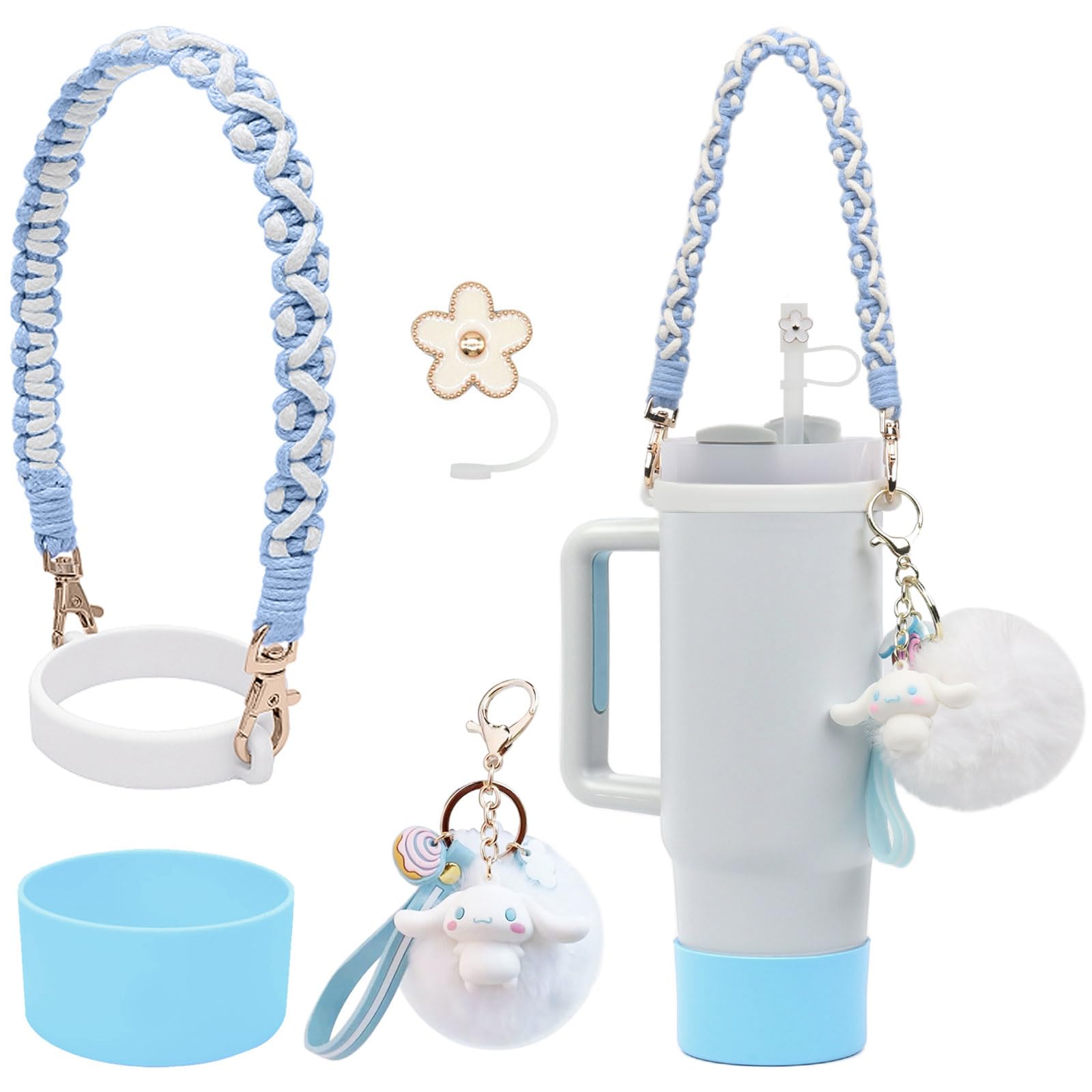 HATOTO Stanley Cup Accessories Set, Cute Kawaii Pom Pom Design Water Bottle Handle Strap, Silicone Boot, Charms for 30/40oz Tumble