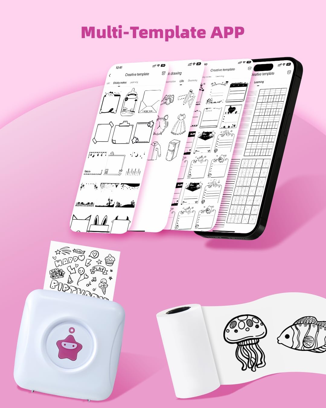 Smartphone-skærm, der viser forskellige kreative skabeloner, der er tilgængelige i Xlife Pro-appen til vretti Mini Pocket Printer.