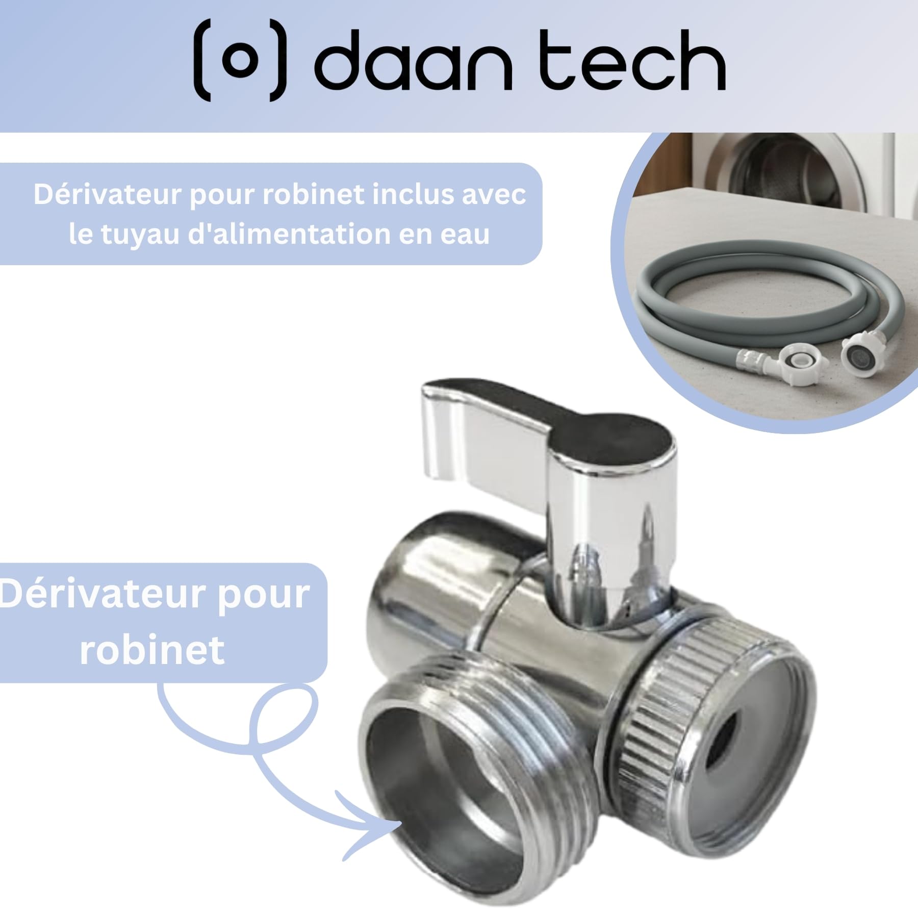 Daan Tech Diverteur de Robinet pour Lave-Vaisselle avec Tuyau d’Alimentation – Accessoires Lave-Vaisselle Bob – Raccordement Facile au Robinet et à l’Arrivée d’Eau – Kit d’Installation de Remplacement