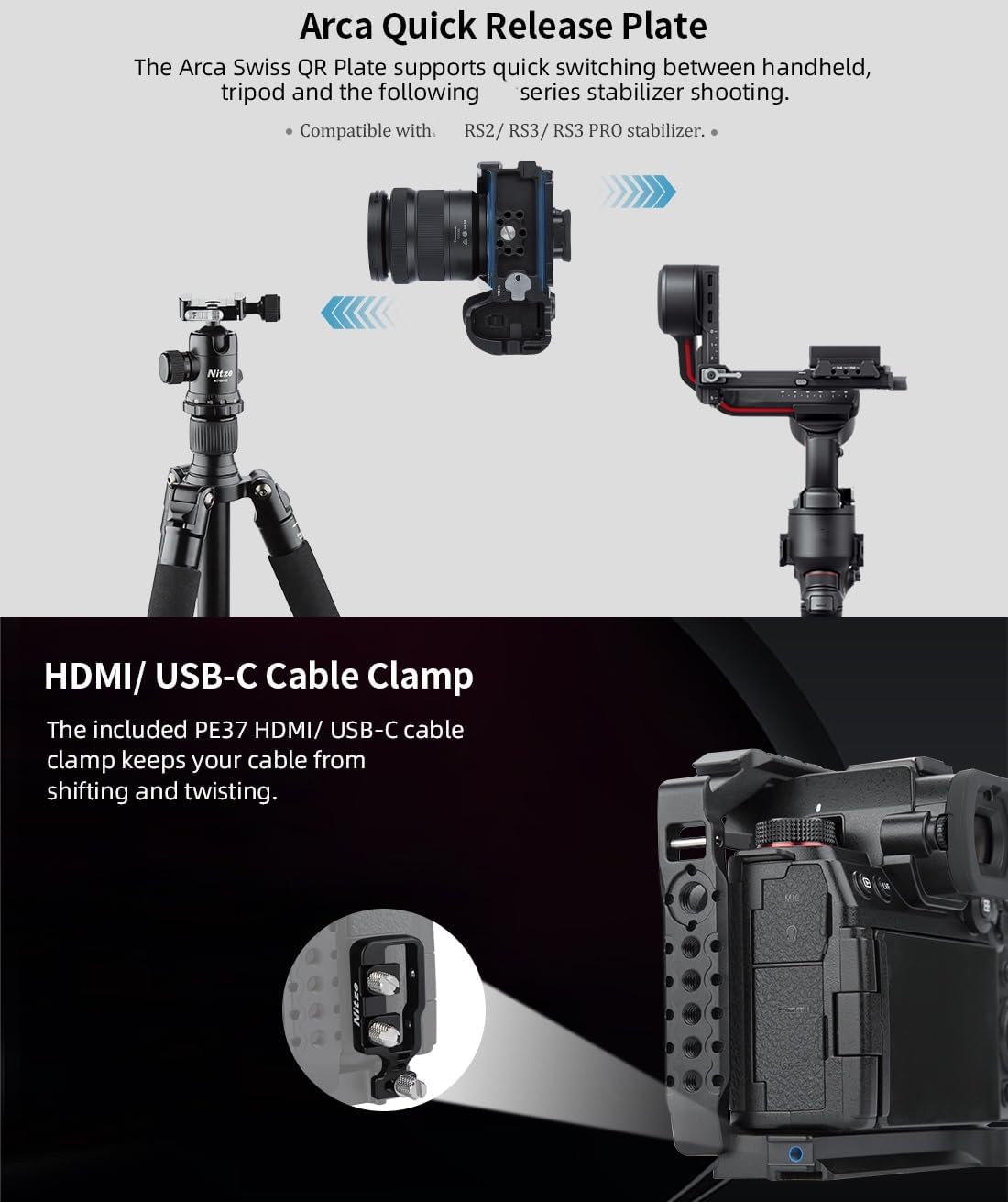 Nitze Klatka na aparat do aparatu LUMIX S5 II / S5 IIX / G9 II z zaciskiem kablowym HDMI/USB-C, wbudowane górne i boczne szyny NATO, zimna stopka i płyta szybkiego uwalniania Arca Swiss