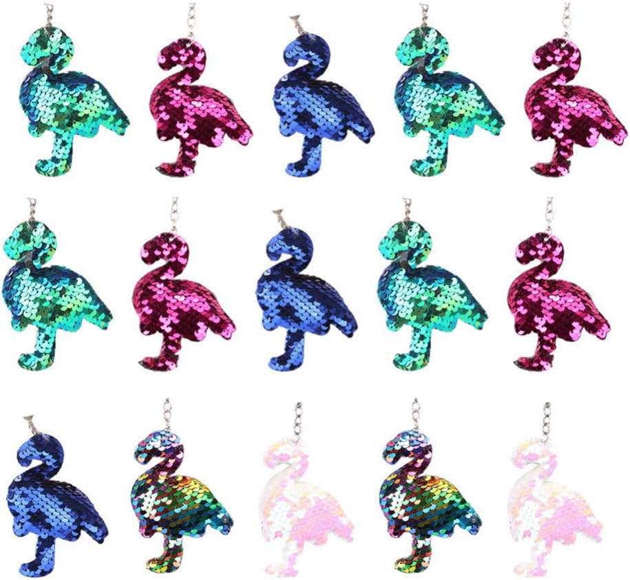 NUOBESTY 15Pcs Flamingo Sequin Keychains Shiny Flip Key Rings Bag Charms Party Bag Fillers for Girls Women Car House Keys