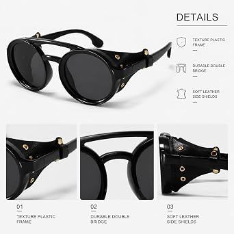Polarized Round Steampunk Sunglasses with Leather Side Double Bridge Shield Retro Eyewear for Men Women