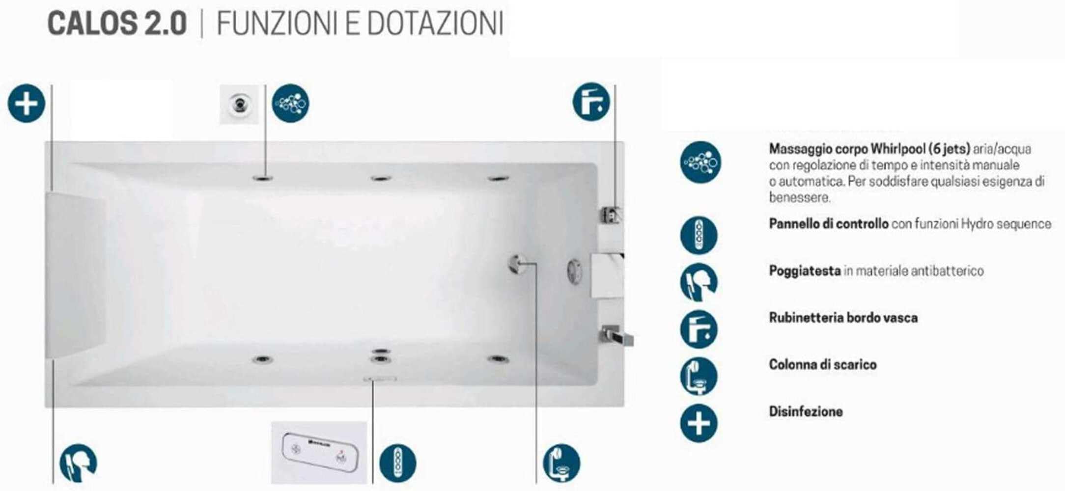 Novellini Calos 2.0 Hydro Dezynfekcja Wanna Boczna Woda 6 Dyszy 170 x 70 H58 cm Odwracalny Prostokątny 1 Panel Przedni 1 Boczny Akryl Biały Błyszczący Kolumna Kran Poduszka Wyświetlacz