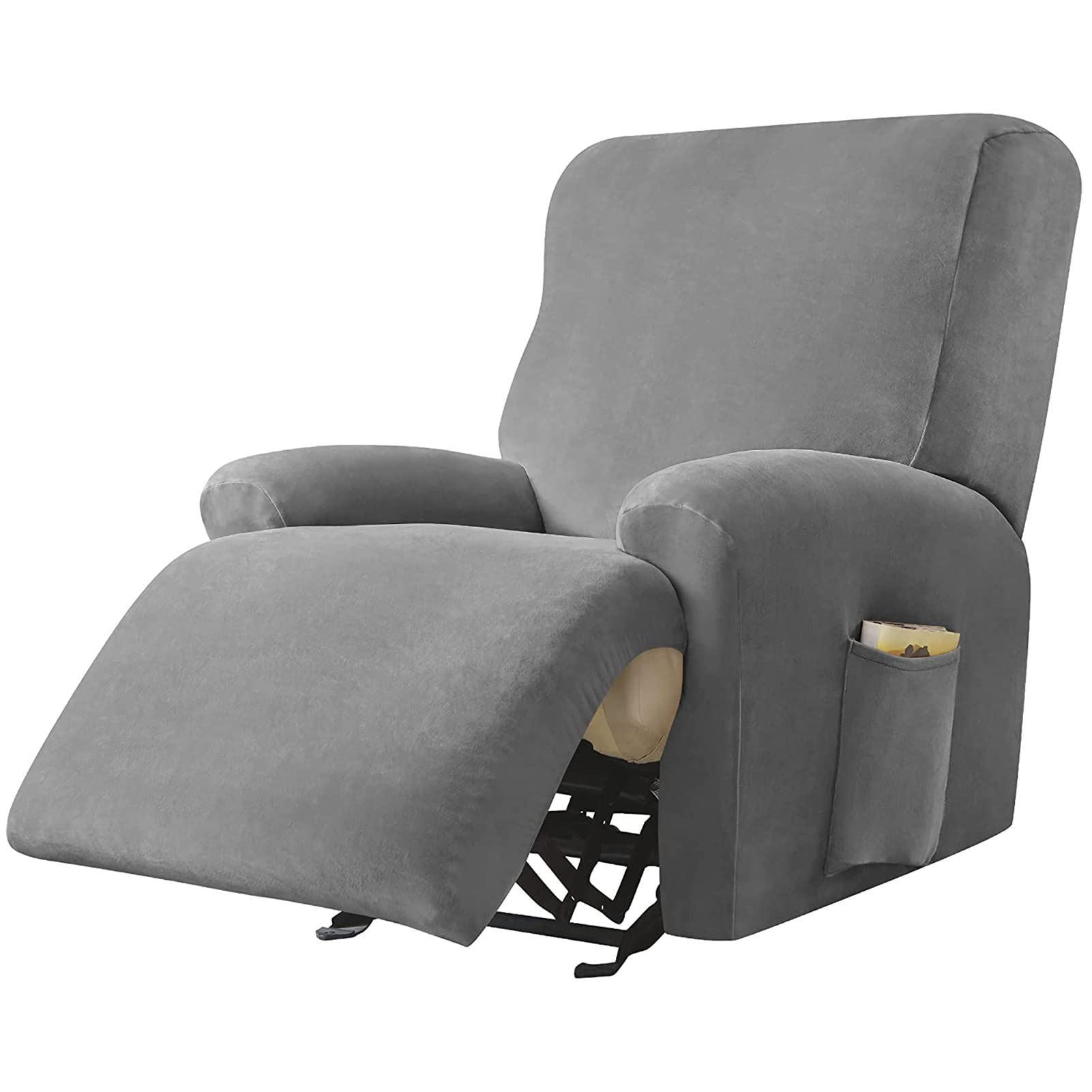 GEBIN Recliner Chair Covers, 4-Piece Velvet Stretch Recliner Slipcover Single Seat Couch Cover Soft Furniture Protector with Pocket Thick Soft Recliner Cover Anti Slip Furniture Covers (Grey)