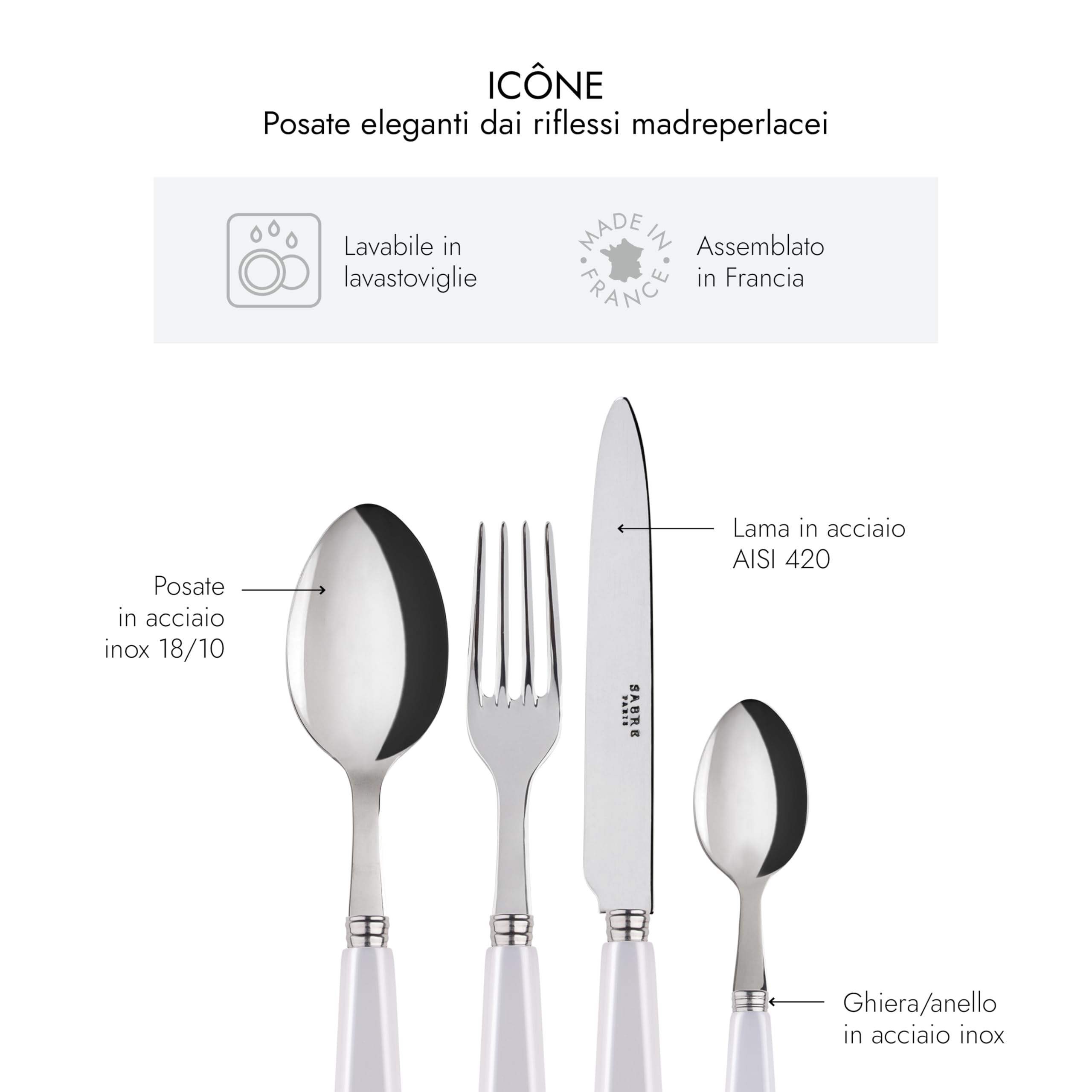 Servizio Posate 4 Pezzi Icône - Acciaio Inox E Manico Acrilico - Lavastoviglie - Bianco - Foto 4