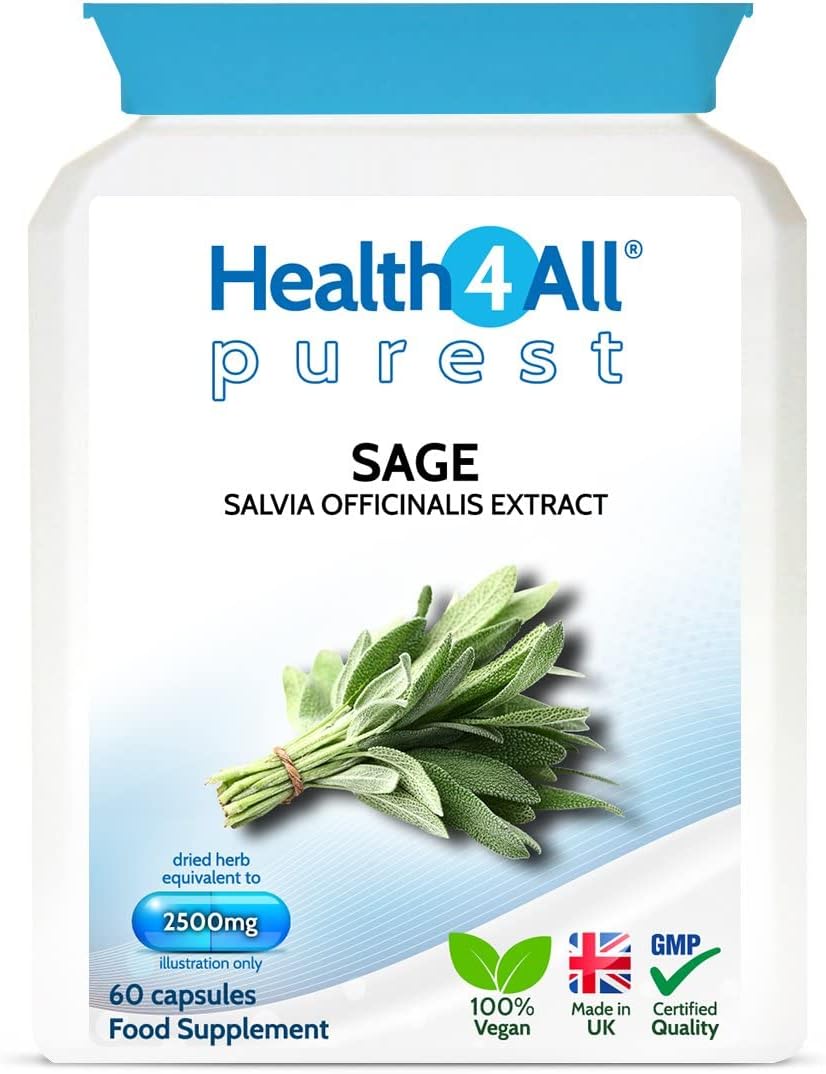 Health4All Sage Strong 2500mg 60 Capsules (V). Sage Leaf Extract for Hot Flushes, Night Sweats and Menopause Symptoms. Vegan Sage Supplement