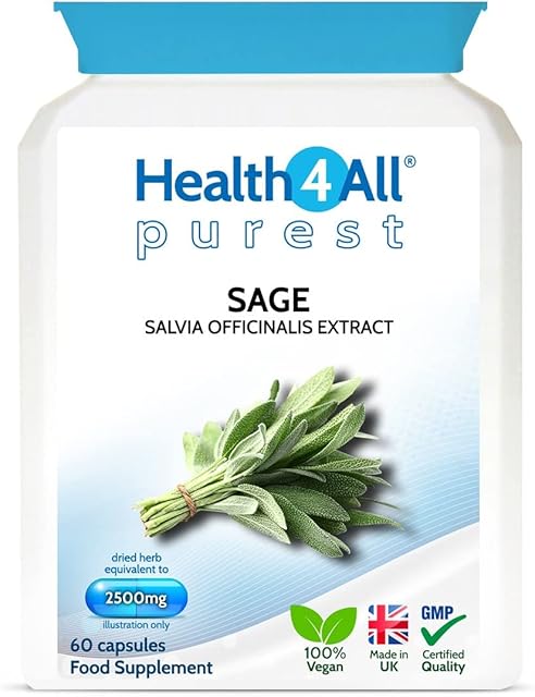 Sage Strong 2500mg 60 Capsules (V). Sage Leaf Extract for Hot Flushes, Night Sweats and Menopause Symptoms. Vegan. Made by Health4All