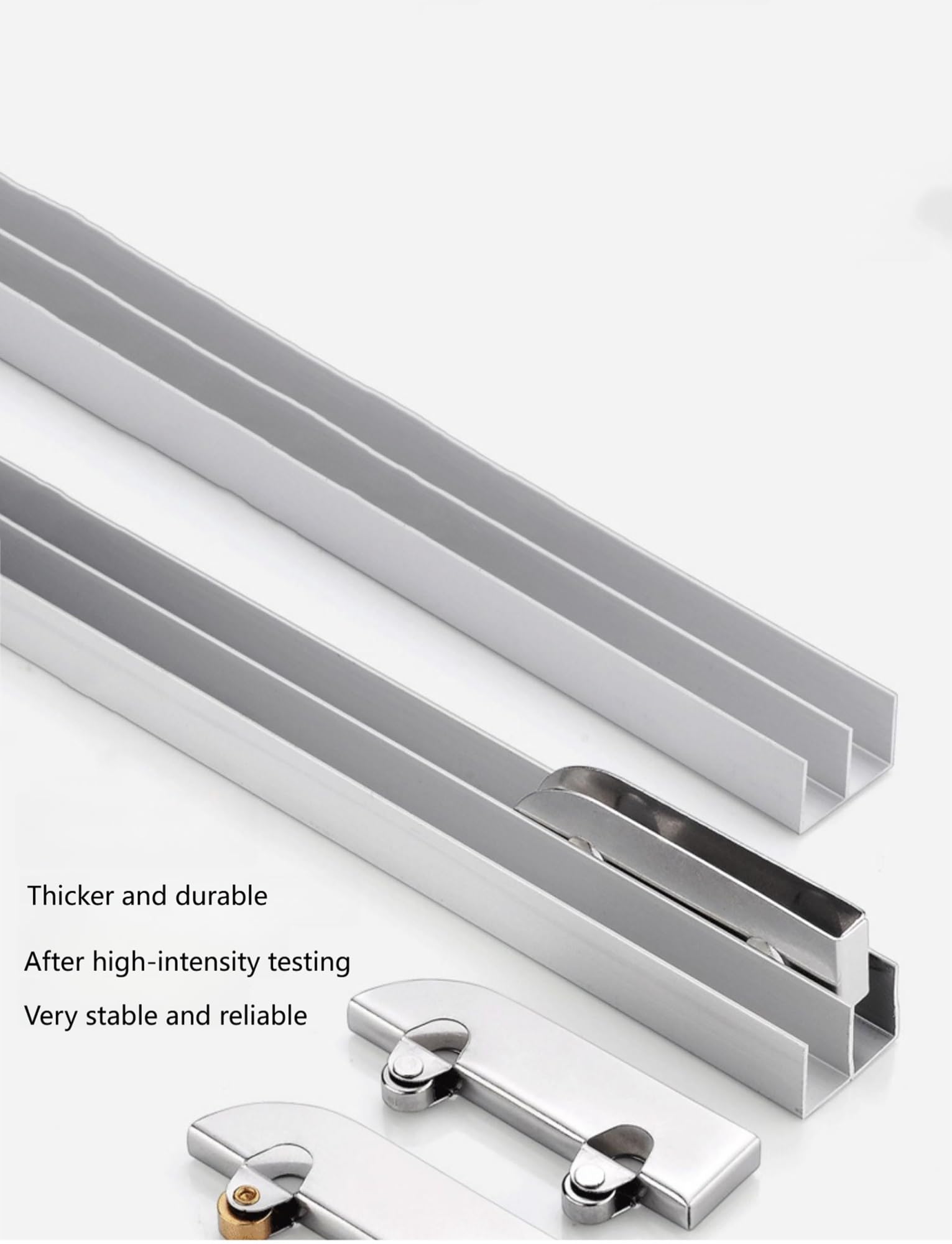 Kit de riel para puerta corredera de cristal, riel de aluminio de doble canal con rodillos silenciosos, se adapta a vitrinas y armarios, incluye 4 poleas