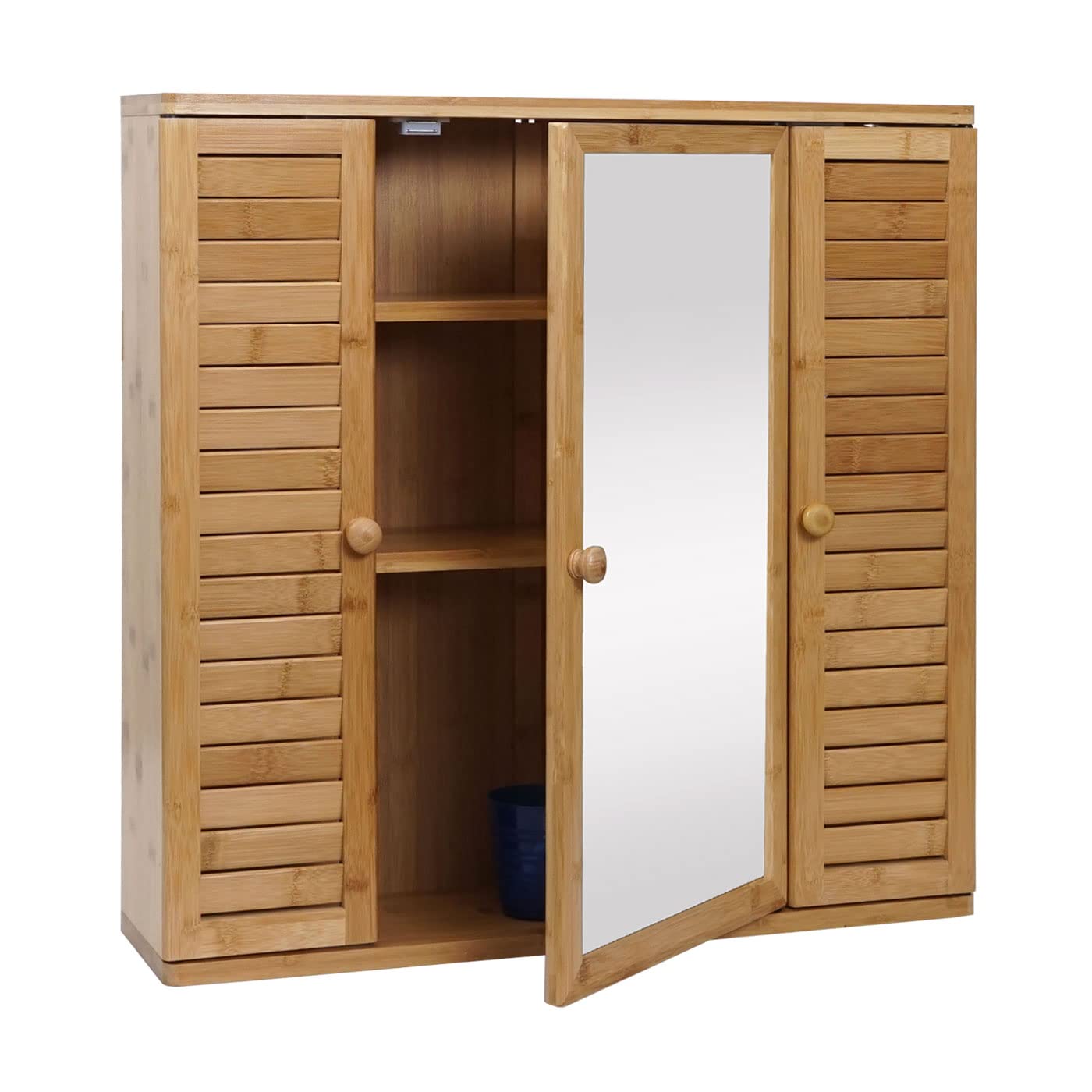 Mendler Szafka z lustrem HWC-B18AM, szafka z lustrem łazienkowym, szafka wisząca, 3 półki, 3 drzwi, lustro bambusowe, 60 x 60 x 15 cm