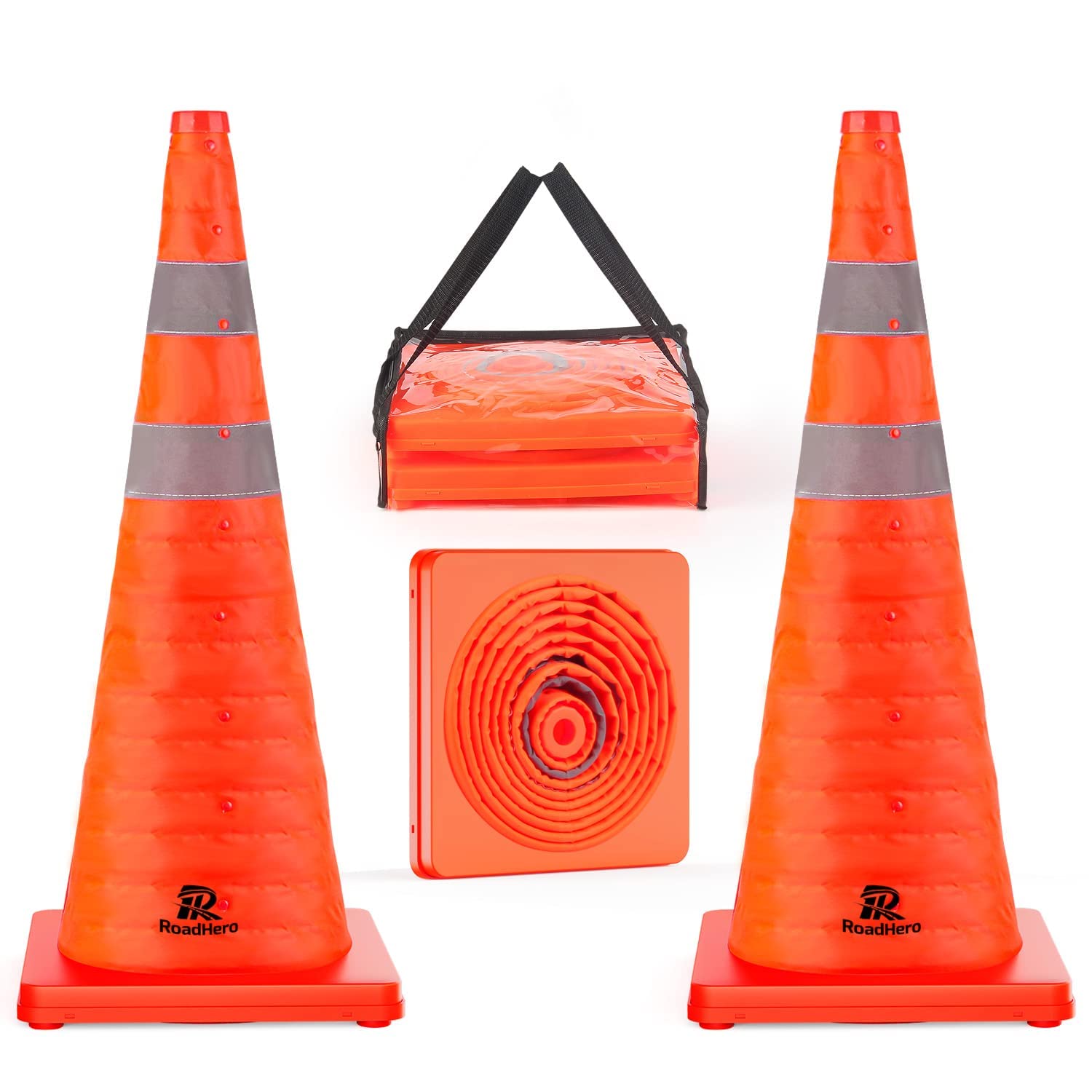 RoadHero 28 Inch [2 Pack] Collapsible Traffic Safety Cones, Multi Purpose Pop-up Cones with Reflective Collar for Road Safety, Orange Cones for Driving Training, Parking Lots