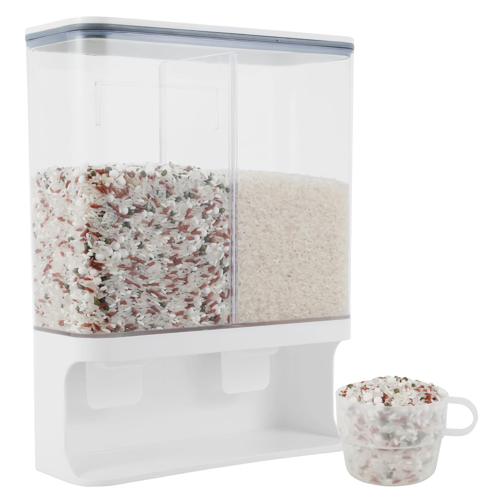 Contenitore per riso, 1500 ml, dispenser sigillato da parete, con coperchio e tazza, per cucina, design trasparente, organizer salvaspazio per alimenti