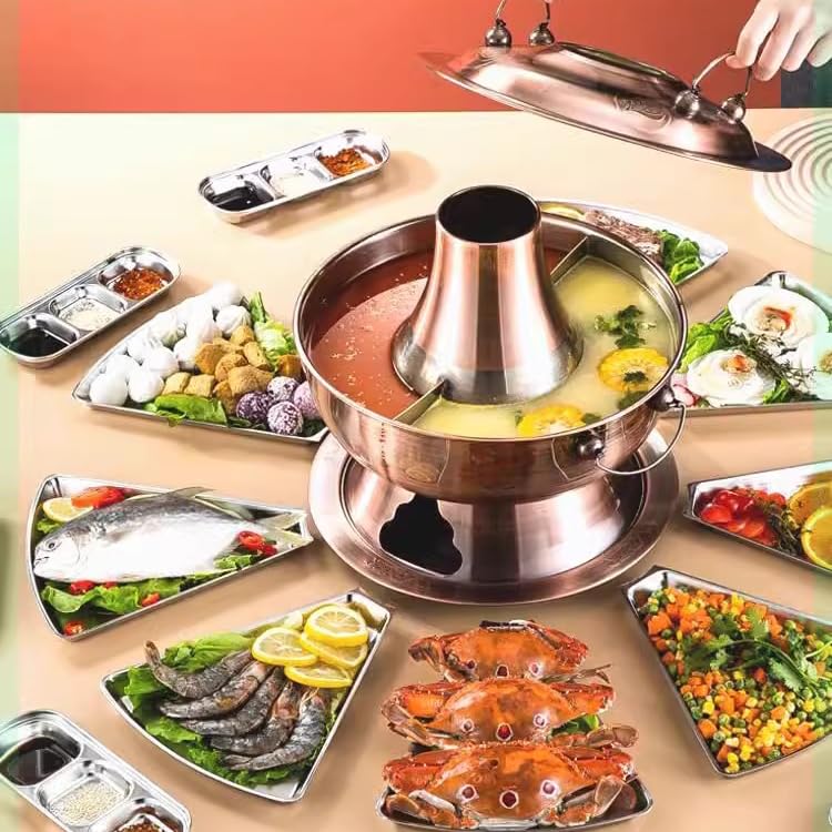 Mongolischer Hot Pot, klarer Suppen-Hotpot und chinesischer Holzkohle-Heiztopf sind geeignet mit Schornstein, mit Undichter Löffel und Löffel,Messing,36CM