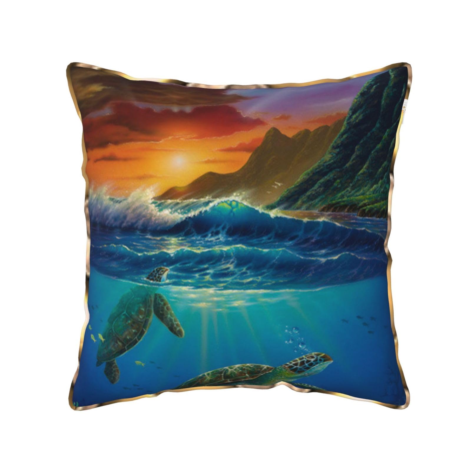 AUBKFELD Sea Turtles Printed Velvet Cushion Cover 45x45 CM with Gold Edging Strip, Square Pillowcase Soft Throw Pillow Covers Case Decorative for Living Room Sofa Couch Bed Bench