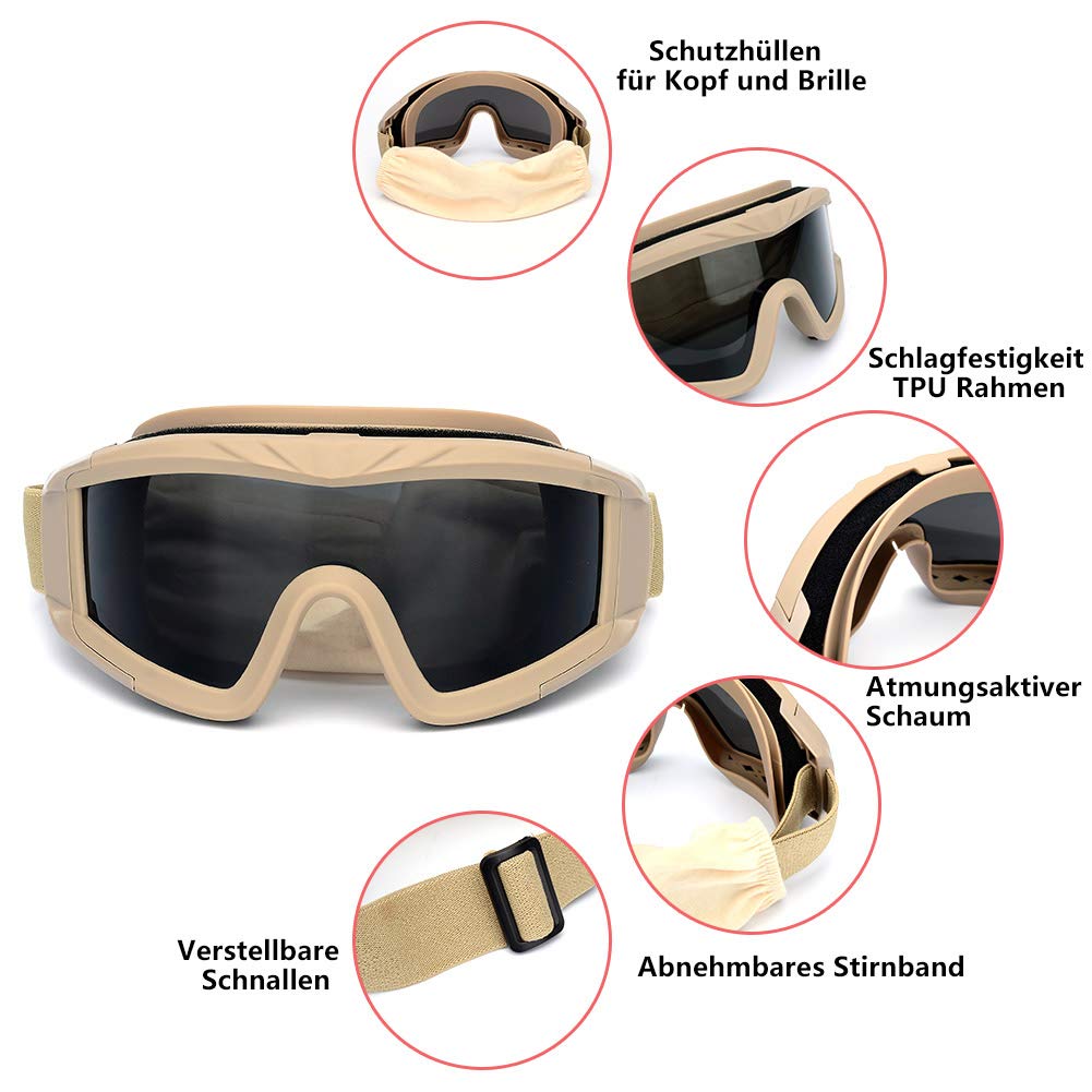 SPOSUNE - Occhiali Tattici Softair, per attività all'Aria Aperta, con 3 Lenti intercambiabili, Resistenti agli Urti, Protezione UV400, per Uomini, Donne, Moto, Campionato, Paintball, Nero