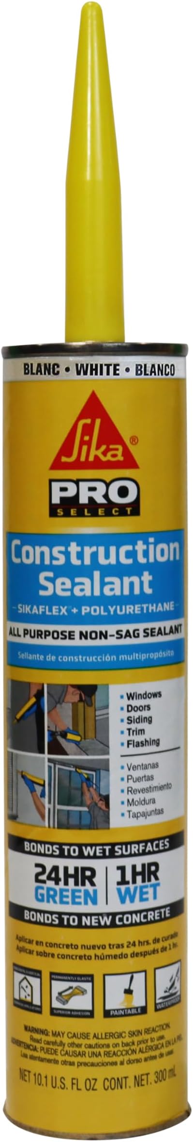 Sikaflex Construction Sealant - White, All-Purpose Polyurethane for Joints 1/2" or Smaller - 10.1 fl. oz - Weatherproof, High Elasticity, Paintable, Strong Adhesion