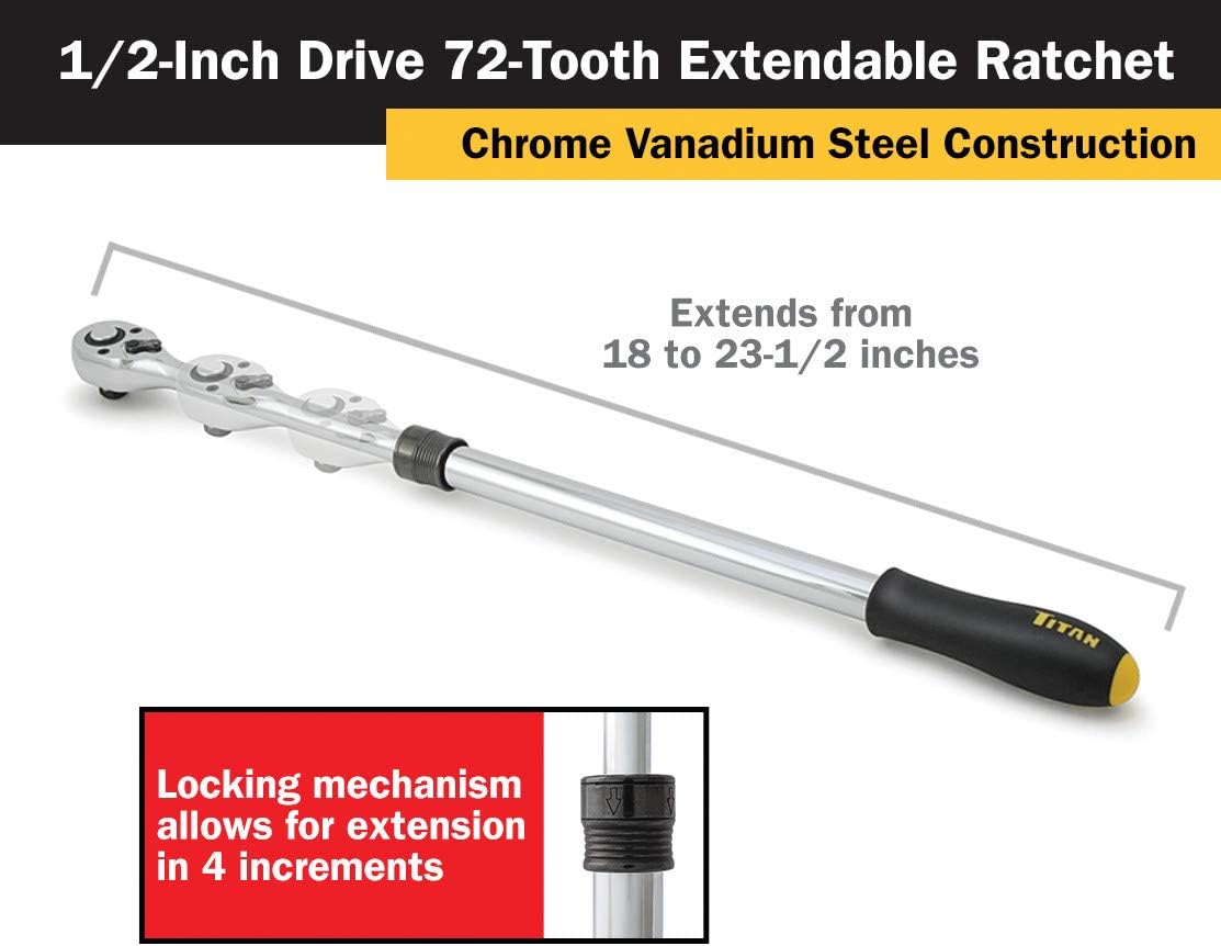 Titan 12073 1/2-Inch Drive x 18 to 23-1/2-Inch 72-Tooth Extendable Ratchet