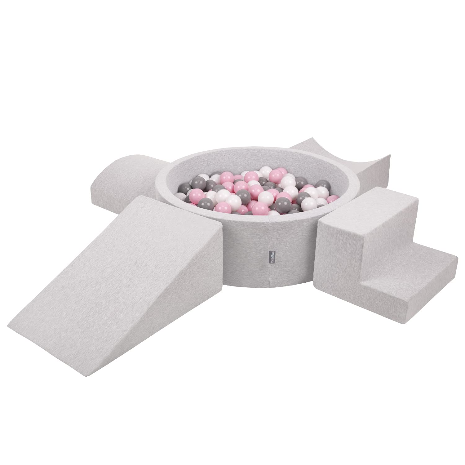 KiddyMoon Foam Playground For Kids With Round Ballpit (200 Balls ∅ 7Cm/2.75In) Soft Obstacles Course And Ball Pool, Made In The EU, Lightgrey:White/Grey/Powderpink — image 1