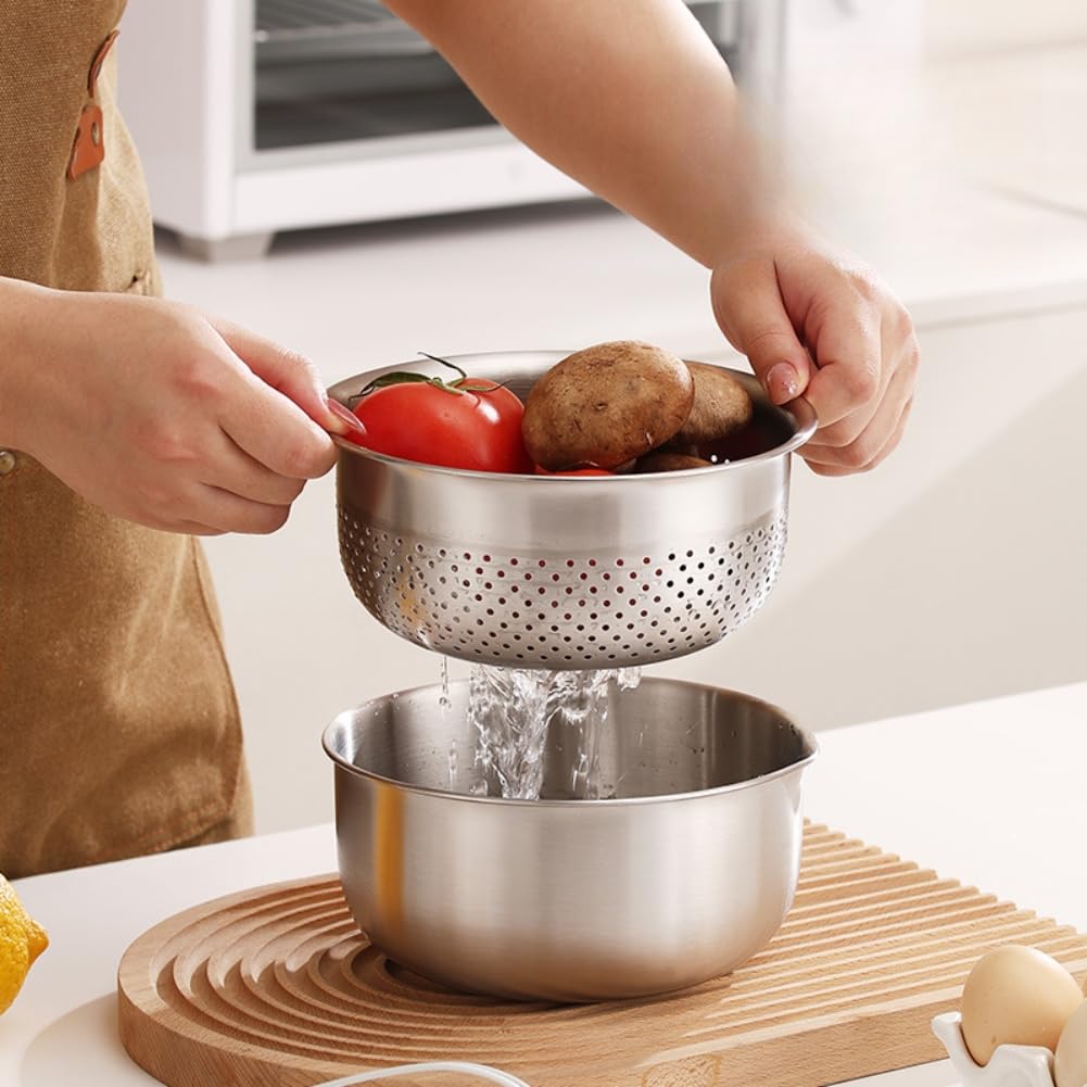 Juego de colador de acero inoxidable, 2 piezas de colador de frutas y verduras con cuenco medidor, cesta de drenaje de pasta para uso en cocina y campamento (M)