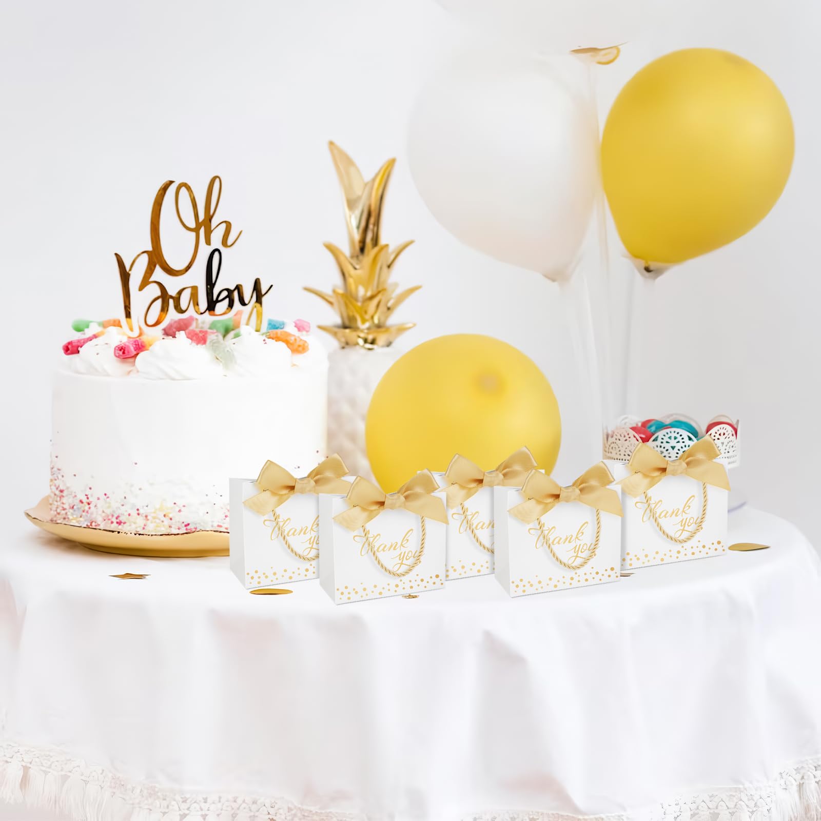 100PZ Piccoli Sacchetti Regalo di Ringraziamento con Manici-14x6x12cm | Bianco Sacchetti Regalo di Ringraziamento, Sacchetto Regalo Con Fiocco Oro per Matrimonio Compleanno Doccia Nuziale Lauree