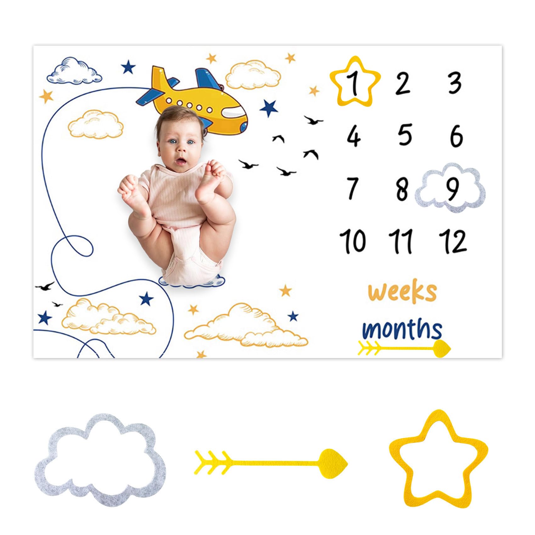 CSFOTO Airplane Pilot Theme Baby Monthly Milestone Blanket Cartoon Airplane White Cloud Star Decor Photography Background Newborn Growth Record Prop