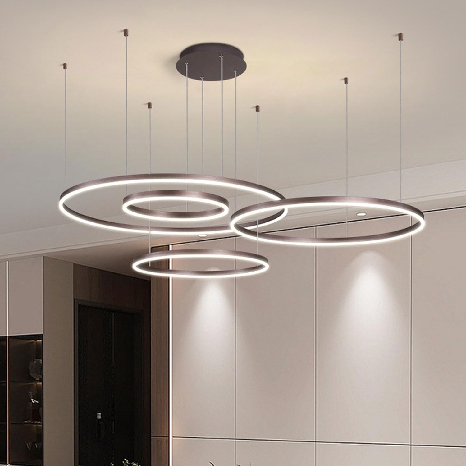 FZQSXAZU Modern LED Ring Pendant hts, Dimmable Living Room Aluminum Chandelier with Remote Control, Dining Ceiling hts Metal Acrylic Hanging Lamp,Brown,40+60+80+100CM