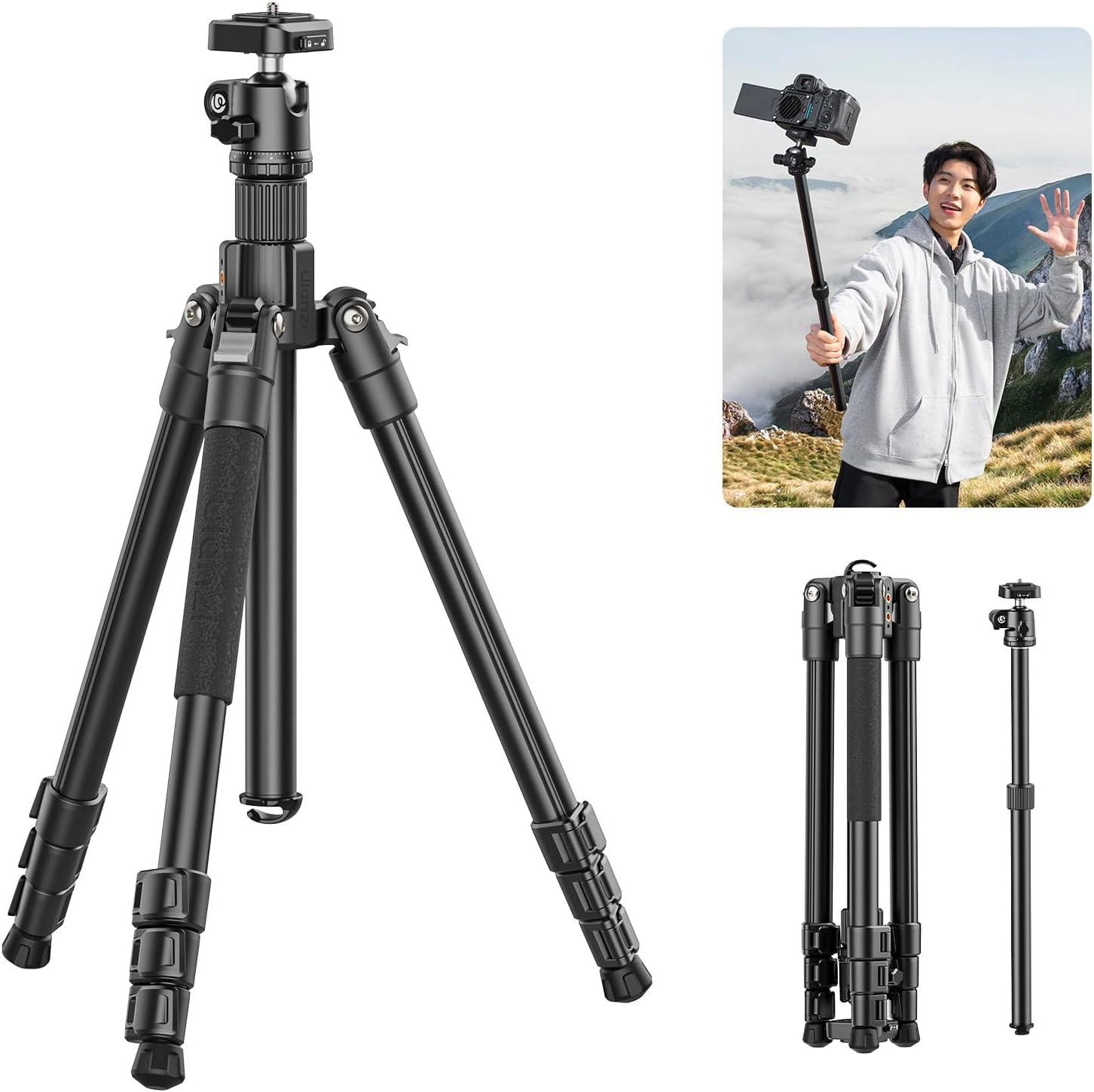 ULANZI TT53 71-calowy statyw do aparatu, statyw podróżny do aparatu z panoramiczną głowicą kulową 360° i płytką szybkiego zwalniania Uka, lekki statyw ze zdejmowaną kolumną środkową do wszystkich