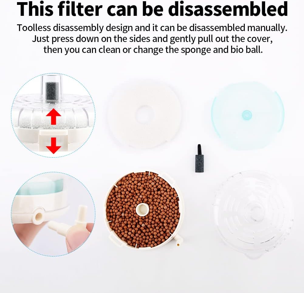 Ultra-Thin Round Fish Tank Filter, Mini Aquarium Filter with Suction Cups and Replacement Filter Mat, Air Driven Quiet Bio Sponge Filter for Shrimp Nano Fish Tank (White)