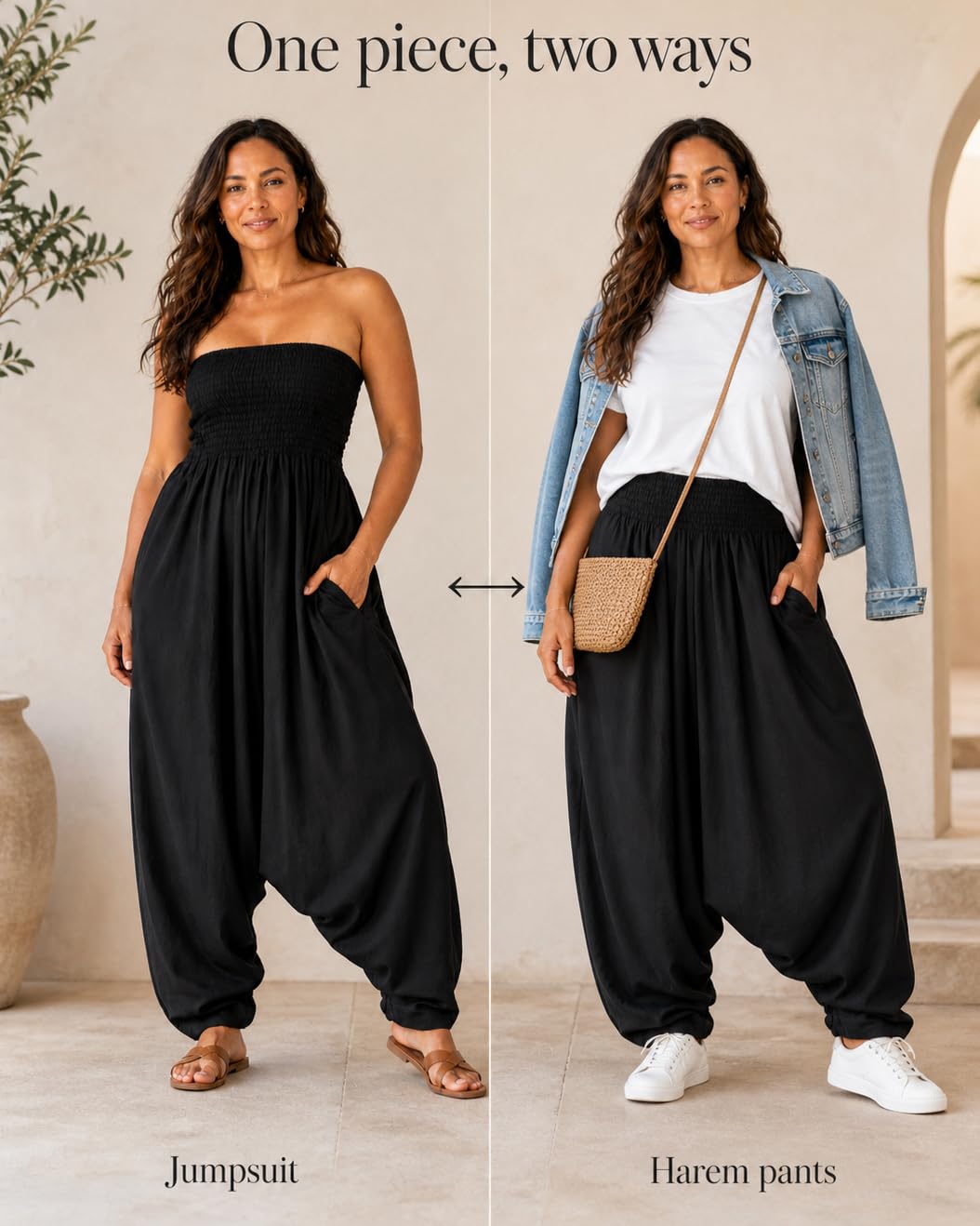 likemary Jumpsuit Damen Sommer – 2-in-1 Baumwoll Einteiler & Haremshose mit Taschen – Luftige Boho Pumphose, Schlupfhose für Urlaub & Alltag
