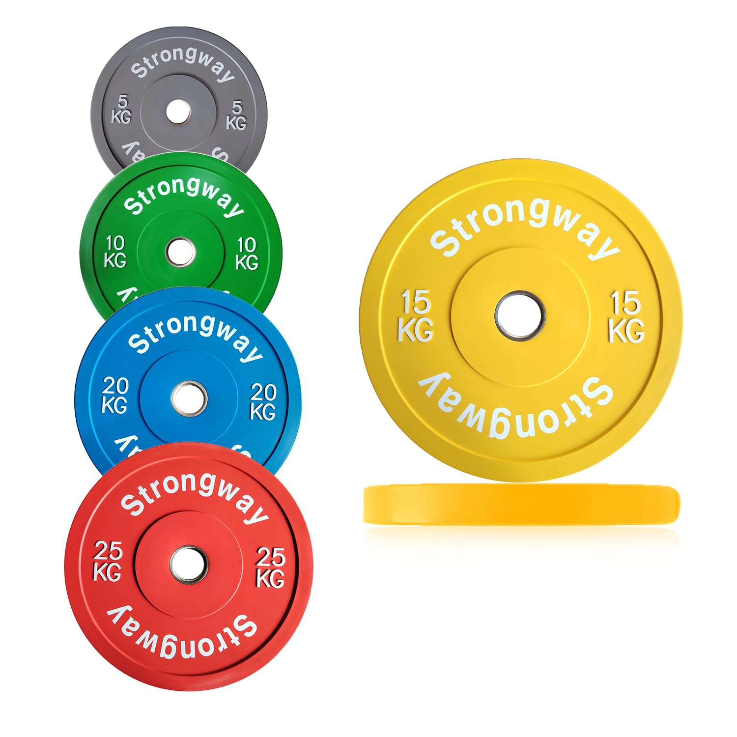 Strongway® Olympic Bumper Weight Plates Colour Coded (5KG 10KG 15KG 20KG 25KG) Discs for Barbell - 2 Inch (2") / 50mm Hole - Weight Lifting Workout Home Gym Fitness (2 X 15KG)