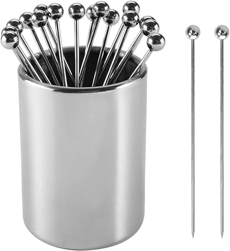 Palillos de cóctel de metal, 16 piezas + 1 kit de soporte de acero inoxidable, palillos de cóctel reutilizables para adornar selecciones de cóctel