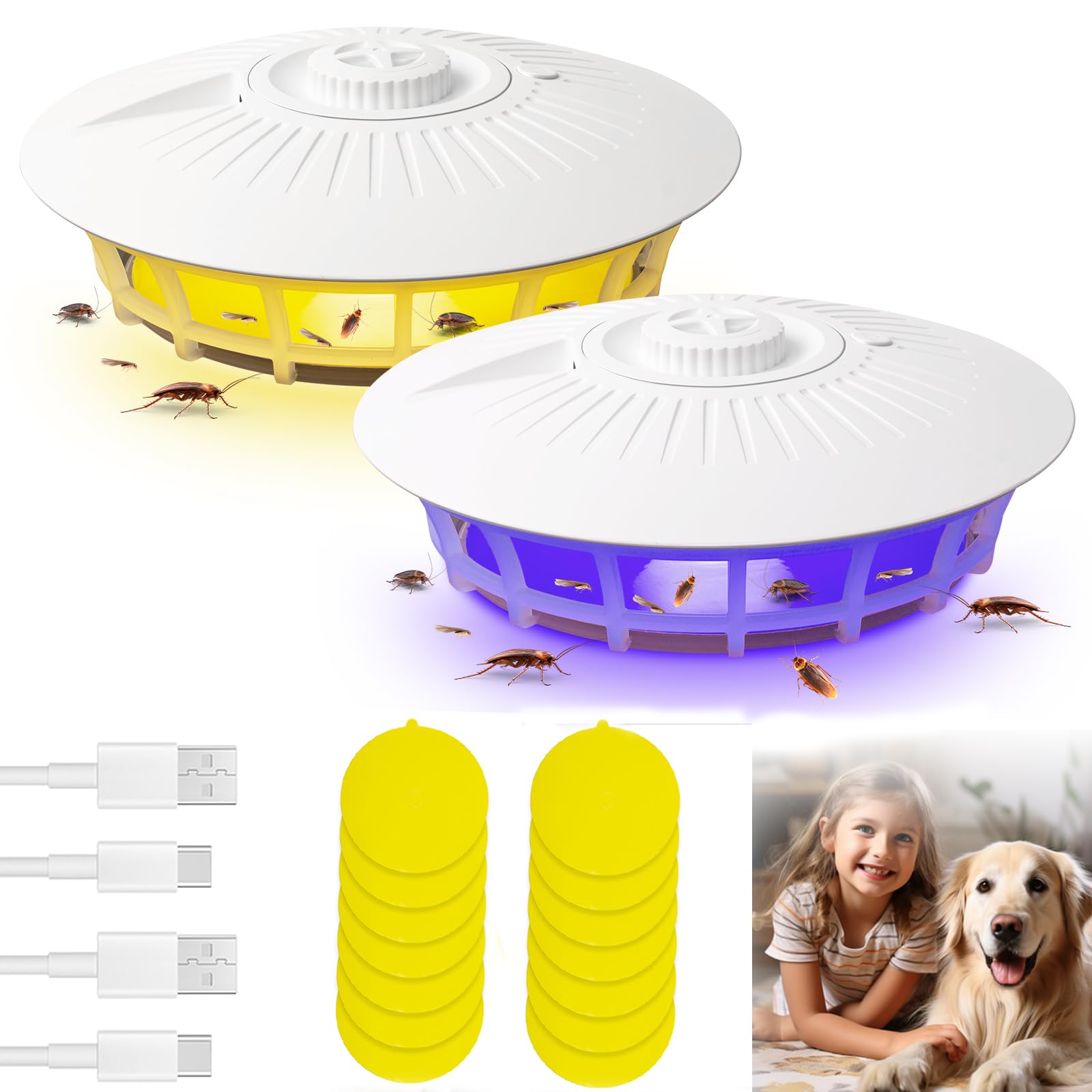 Pulgas Eliminar Casa, 2PCS Lámpara Antipulgas con 14Almohadillas Adhesivas, 4 Modos de luz Trampa Mata Pulgas Hogar, Trampa para Pulgas para La Sala de Estar, Cocina, Dormitorio