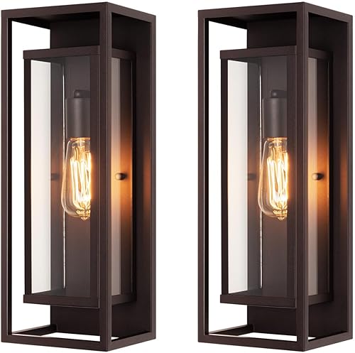 Miniatura 11 de mirrea Aplique de pared clásico para exteriores de 14 pulgadas, 1 luz en negro mate, marco de metal rectangular y pantalla de vidrio transparente