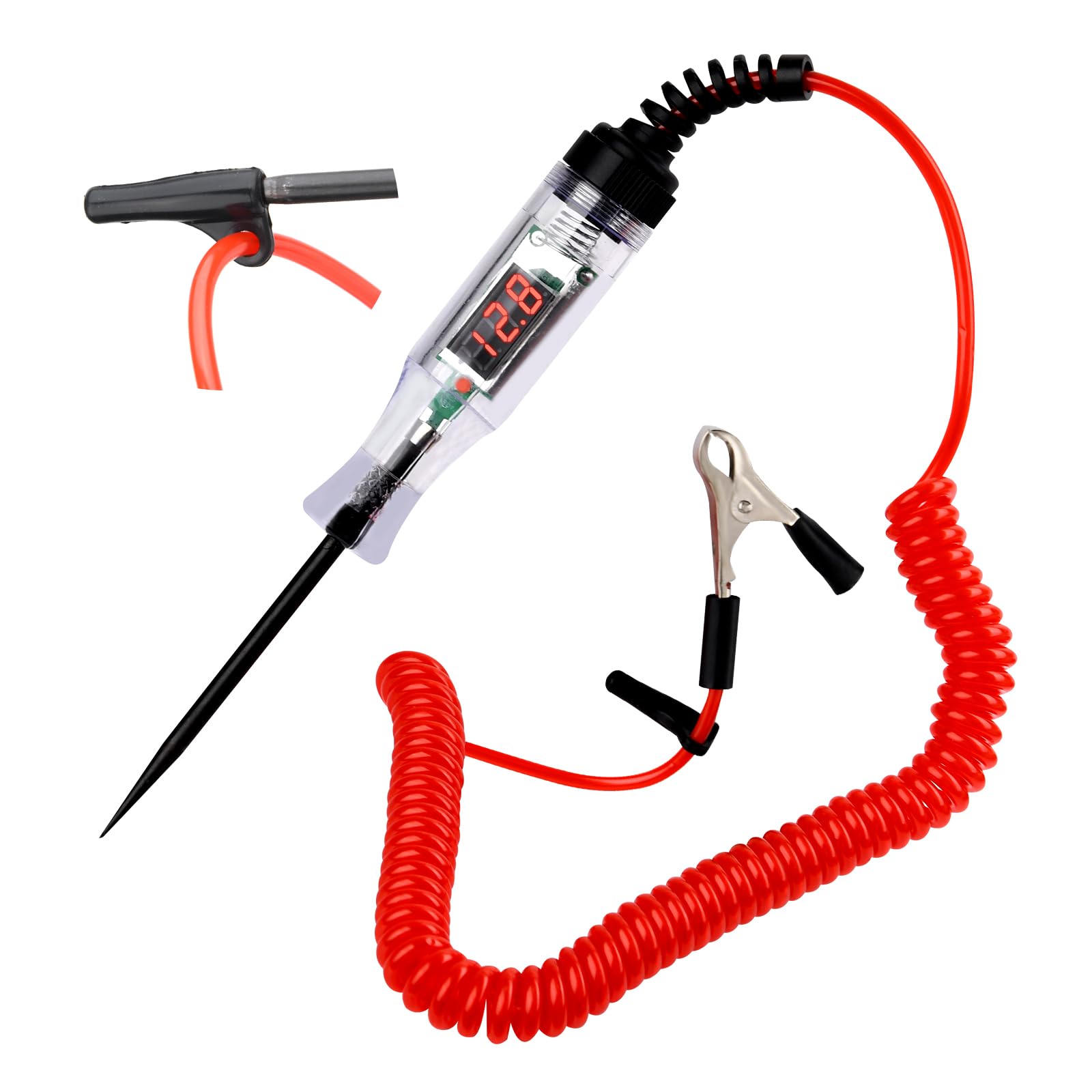 Luz de prueba automotriz, probador de circuito LED digital de 5-90 V con pantalla de voltaje, probador de circuito bidireccional automotriz, probador de voltaje eléctrico con cable de resorte
