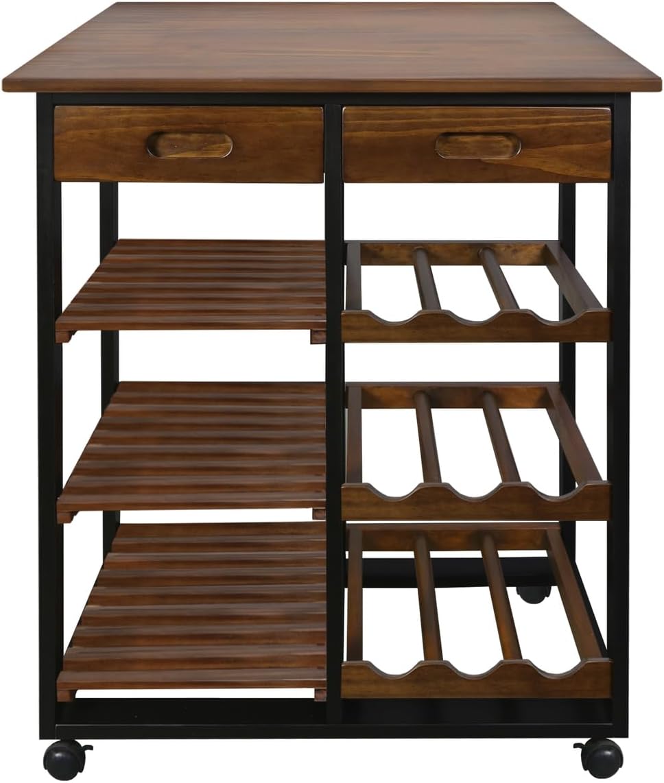 Casual Home Solid Wood 28" Wide l 4-Tier Rolling Kitchen Island Trolley with Wine Rack and Drawer, Mocha/Black