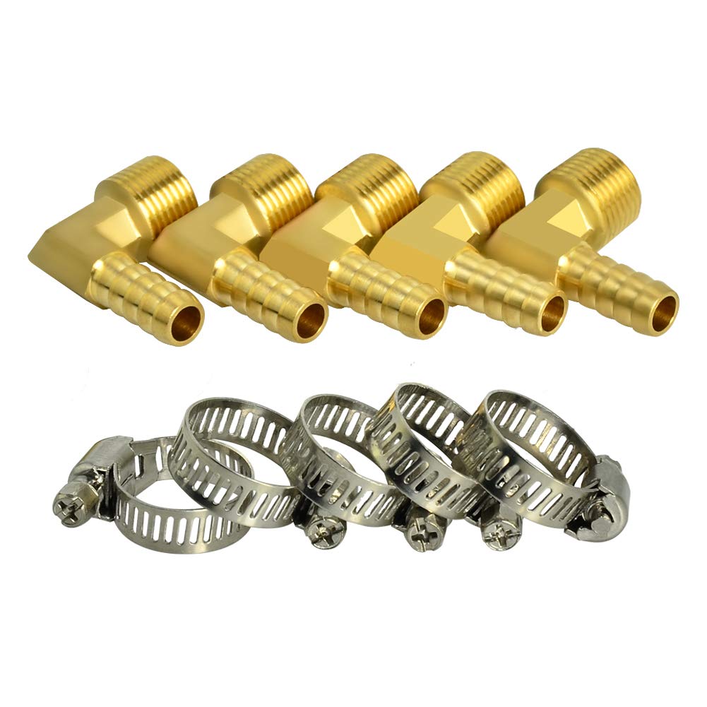 GASHER 5 Pieces Brass Hose Barb Reducer 90 Degree Elbow 1/2 Inch NPT to 1/2 Inch Barb Hose ID with 5 Hose Clam, Brass Barb Reducer SPLICER Fitting Fuel/AIR/Water/Oil/Gas/WOG