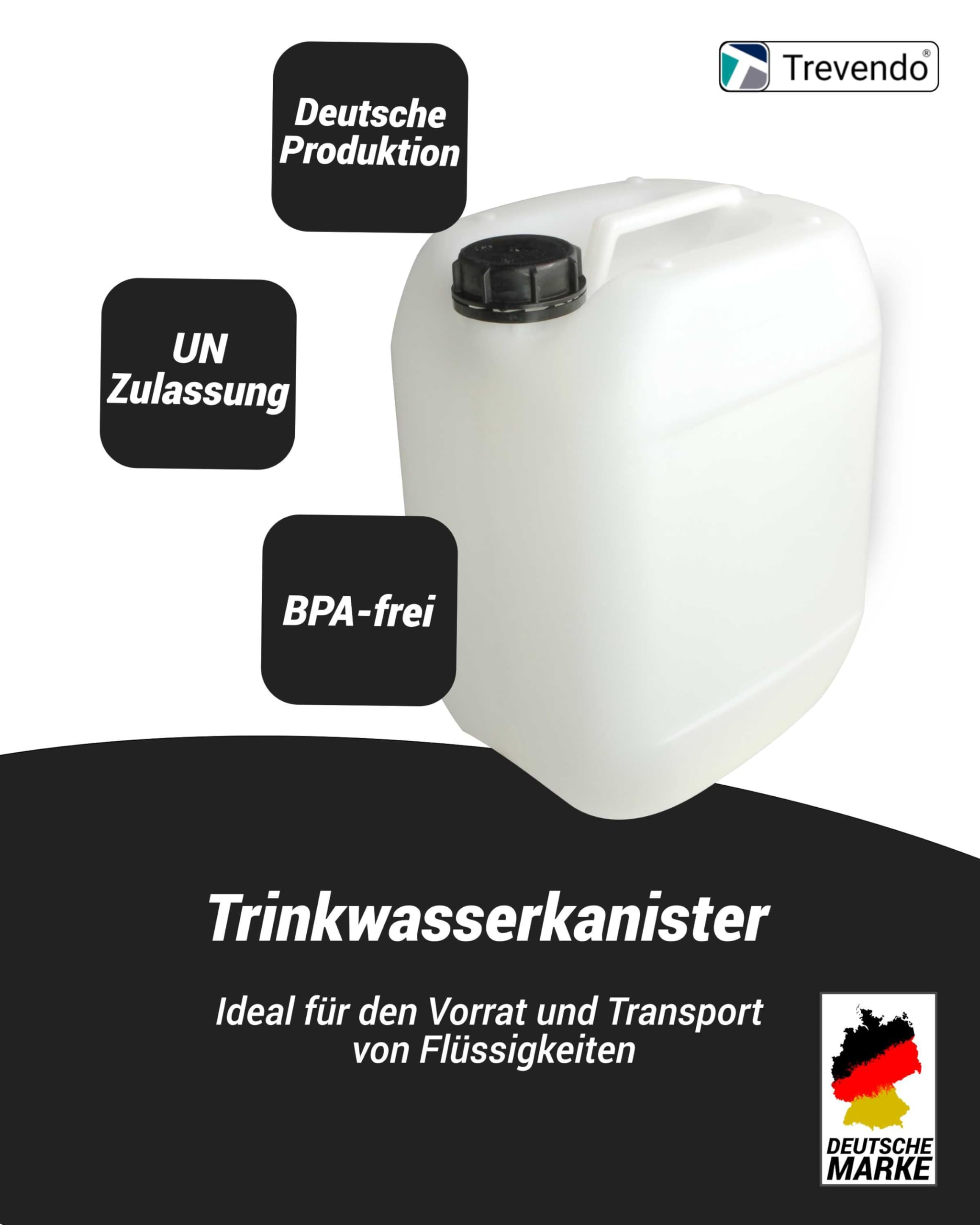 Trevendo 4er-Set Wasserkanister - Leerkanister - Kunststoffkanister - lebensmittelecht & BPA-frei - inkl. Auslaufhahn & Schraubverschluss & Beschriftungsetiketten