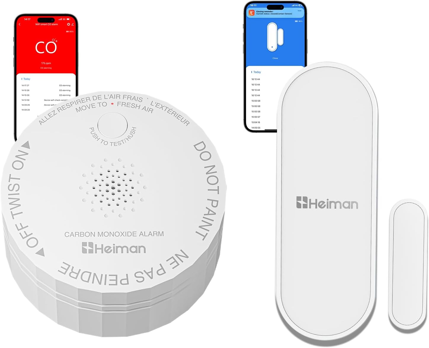 Heiman Smart Carbon Monoxide Detector, ETL Listed 2034 Standards, Figaro Sensor CO Alarm with Window Door Alarms, Contact Sensor APP Notification