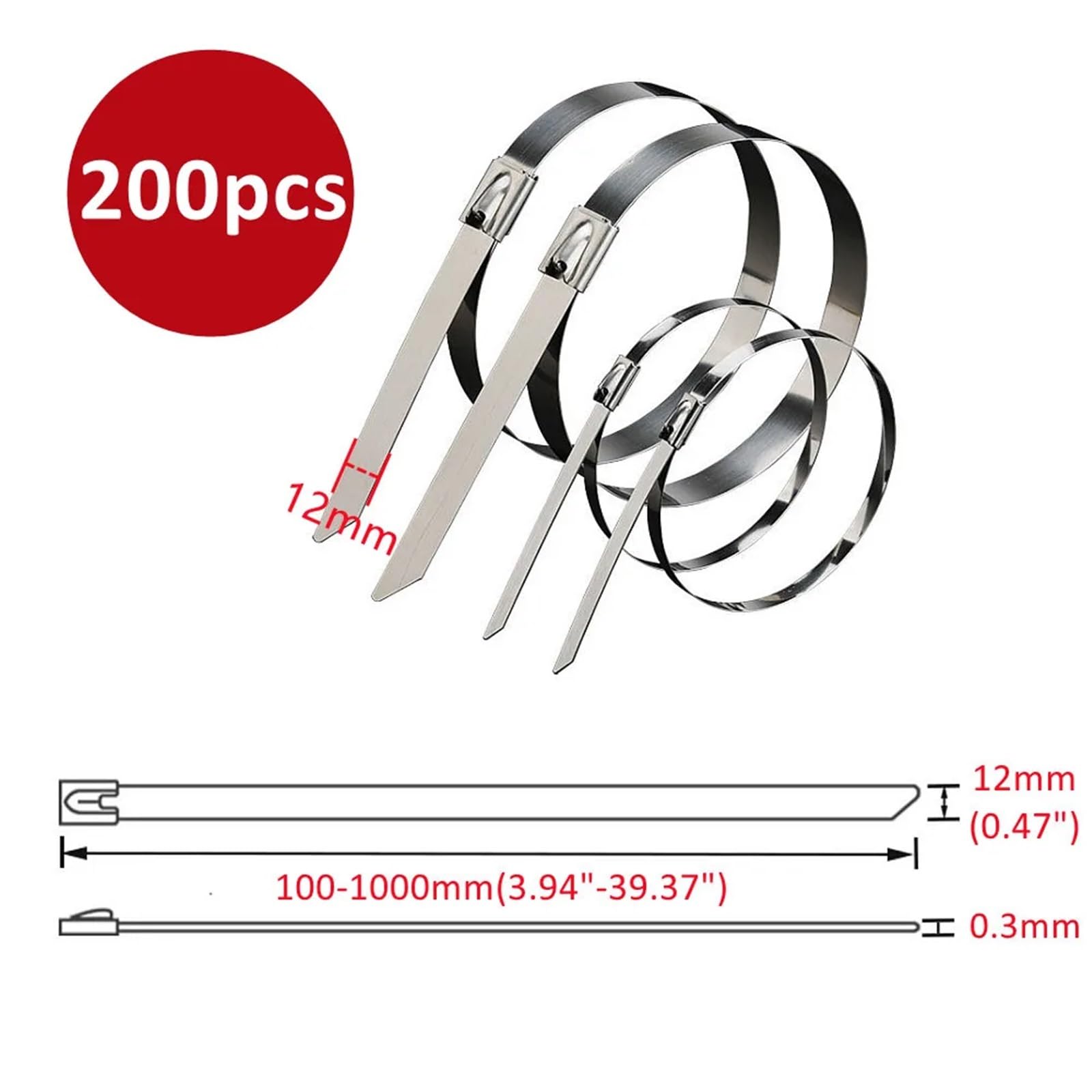 Fascette Metalliche 10 20 100 Pezzi 12 mm 0,47 Pollici 304 Fascetta stringicavo in Acciaio Inossidabile con Chiusura a Zip in Metallo, 150 200 mm(200PCS,12x450mm)
