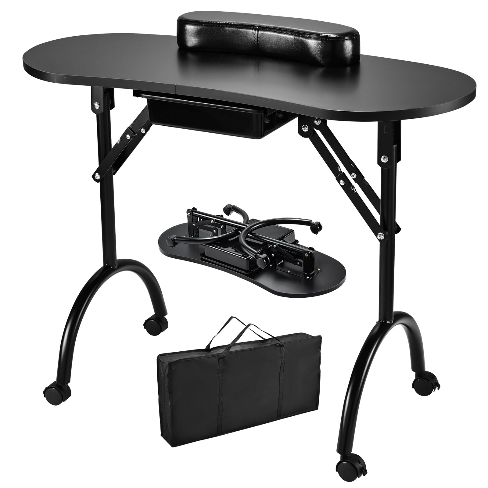 Portable Nail Table Manicure Desk Foldable Nails Tech Station Professional Nail Desk with Drawer & Wrist Rest Wheeled Manicurist Workstation for Home Spa Beauty Salon Black
