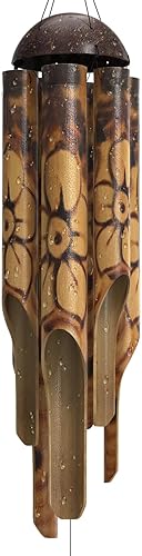 Campanillas de viento rústicas de bambú, campanillas de viento de madera para exteriores, grandes, diseño floral quemado con corona de coco, hechas