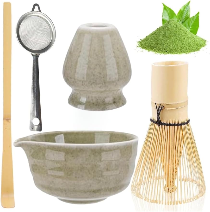 Japanese Matcha Tea Set with Spout Bowl, 5-Piece Ceramic Matcha Whisk Set with Bamboo Whisk, Whisk Holder, Scoop & Stainless Steel Sifter, Traditional Matcha Making Kit for Tea Ceremony (White)