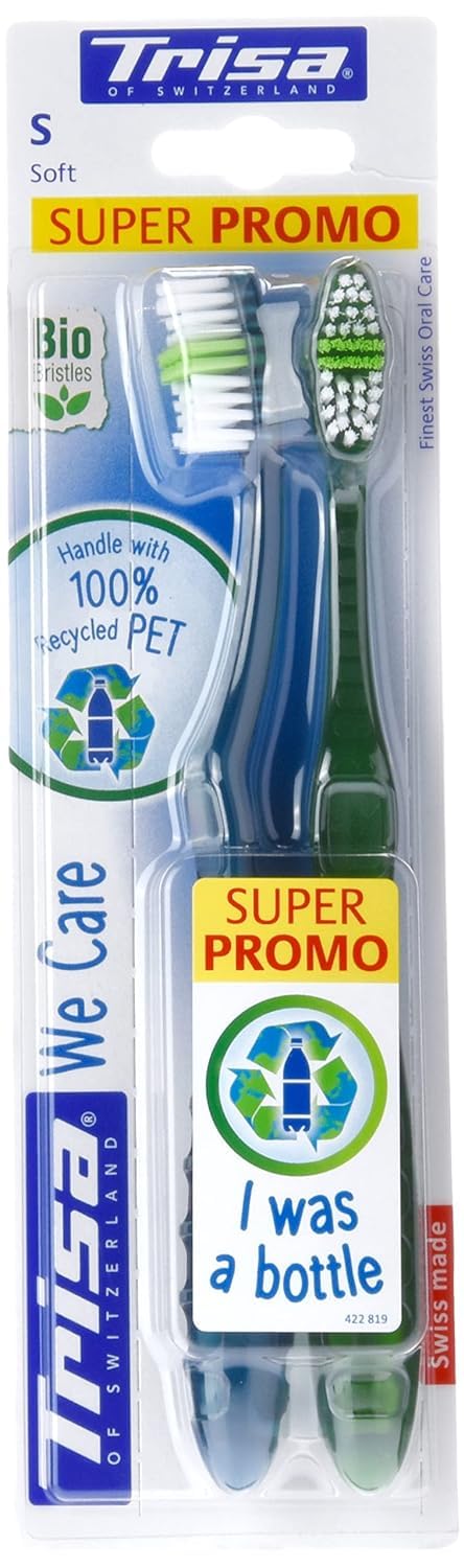 TrisaWe care Duo - Soft Toothbrush, Stylish & Material saving handle made with 100% recycled PET, Bio Bristle, Finesh Swiss Oral care, 2 pcs.