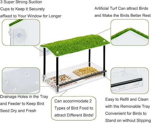 Miniatura 5 de Comedero para pájaros de ventana para exteriores con ventosas fuertes, agujeros de drenaje para lluvia, bandeja extraíble de semillas de acrílico