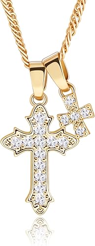 Cross Necklace for Women,18K Gold Plated CZ Cross Pendant Necklace,Double Cross Necklace with Gold Chain Cross Necklace Trendy Jewelry Gifts for