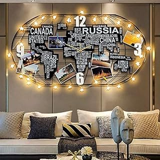 Fleble Metal Large Wall Clock Silent Movement,3D DIY World Map Art Black Clock