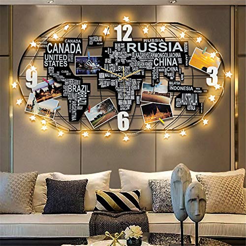 Fleble Metal Large Wall Clock Silent Movement,3D DIY World Map Art Black Clock