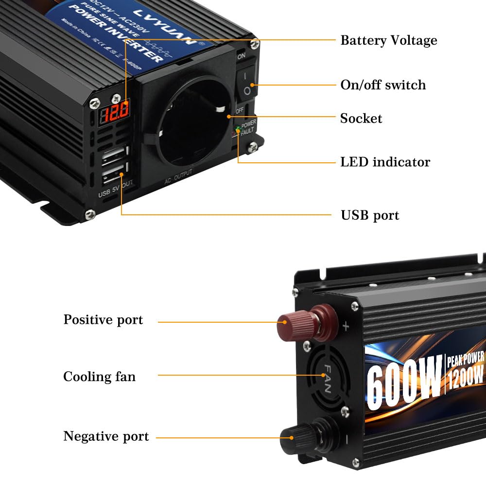 LVYUAN Przetwornica napięcia, 600 W/1200 W, 12 V na 230 V, czysta sinusoida, adapter do papierosów, z 2 portami USB i wtyczką UE