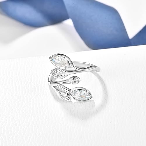 Miniatura 3 de PRAYMOS Anillos de hoja para mujer, plata de ley 925, con piedra natal, abierto, ajustable, anillos de compromiso y boda