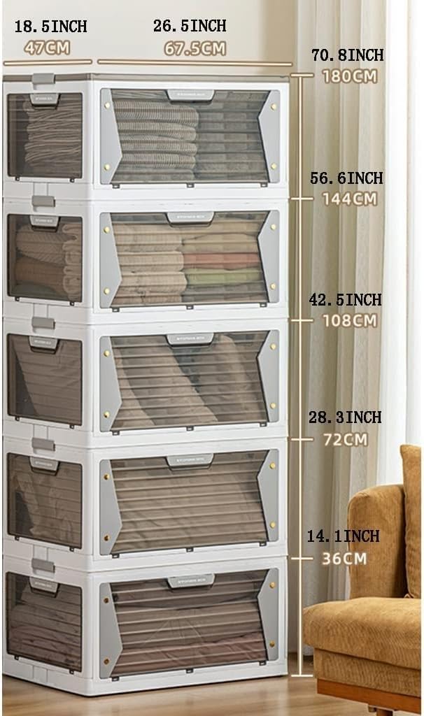 4 Door Plastic Folding Storage Box, Stackable Storage Bins with Wheels, Both Sides Have Handheld Design for Blankets, Bedding, Clothing(67.5x47x180cm)